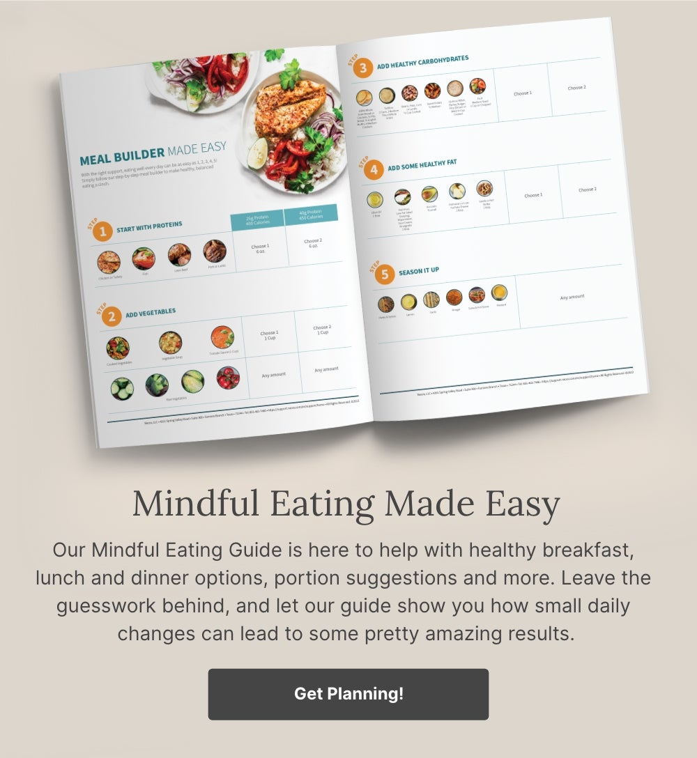 A booklet opened to an example recipe page in the Mindful Eating Guide. Accompany text mentions the Mindful Eating Guide that has recipe options, portion suggestions and more.